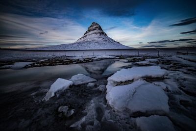 Scenic view of snowcapped mountain by sea against sky