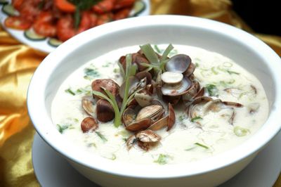 High angle view of clam chowder in bowl