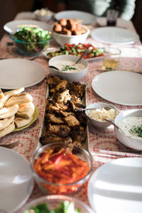 High angle view of food served on table