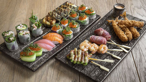 High angle view of sushi in tray on table