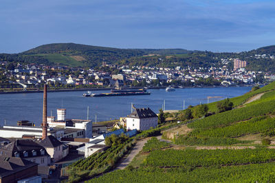 High angle view of sea and buildings against sky