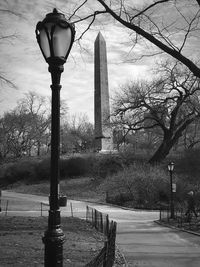 Street light by bare trees against sky