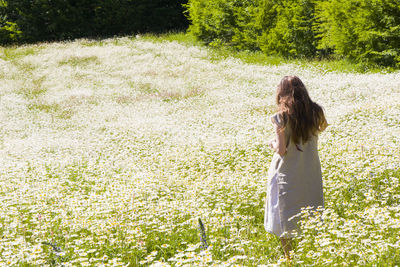 Women with dress in field of daisy flowers during sunlight