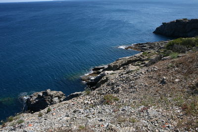 High angle view of rocks on beach