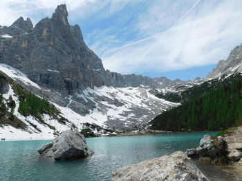 Scenic view of snowcapped mountains against sky