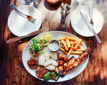 High angle view of meal served on table