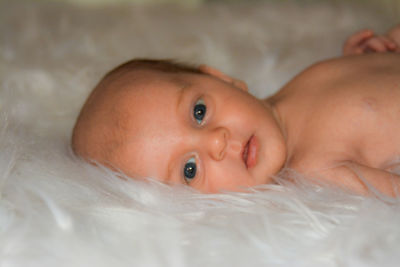 Close-up portrait of shirtless baby boy lying on rug