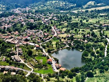 High angle view of townscape and trees