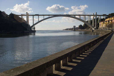 Bridge over river in city against sky