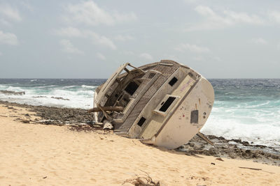 Boat on beach against sky