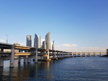 Bridge over river against clear blue sky