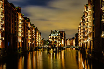 Buildings in city at sunset