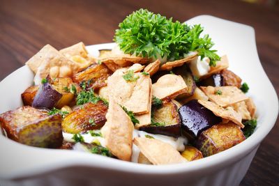 High angle view of food in plate on table