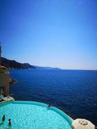 Scenic view of sea against clear blue sky