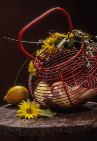 Close-up of flower with lime next to red metallic pot on table