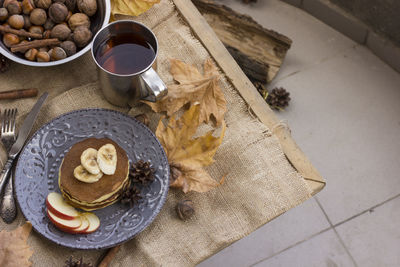 High angle view of breakfast on table