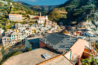 High angle view of houses in town