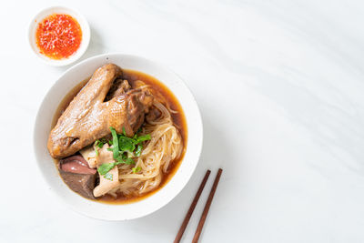 High angle view of food in bowl on table