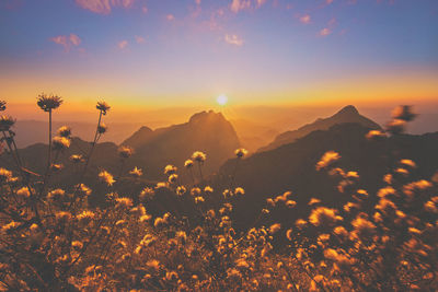 Scenic view of mountains against sky during sunset