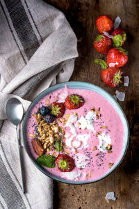 High angle view of breakfast served on table