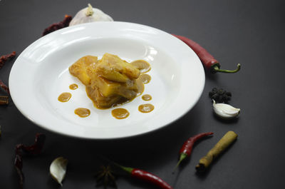 High angle view of food in plate on table