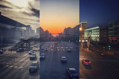 Traffic on road at sunset