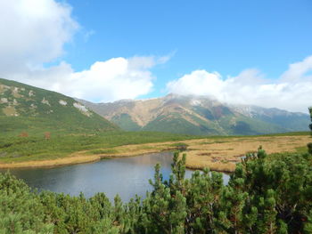 Scenic view of lake and mountains against sky