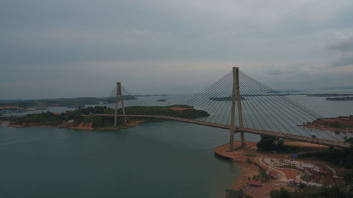 View of suspension bridge against cloudy sky