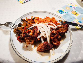 High angle view of food served in plate