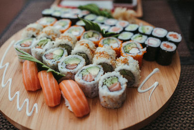 Close-up of sushi served on table