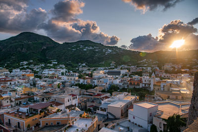 High angle view of townscape against sky at sunset