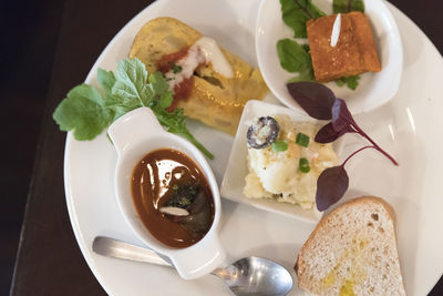 High angle view of food in plate on table