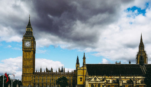 Clock tower amidst buildings in city against cloudy sky