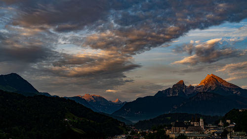 Scenic view of mountains against sky during sunset