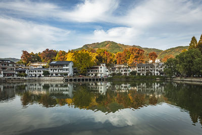 Scenic view of lake by building against sky