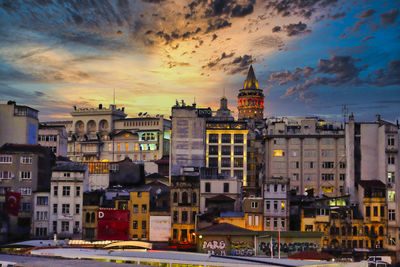 Buildings in city at sunset