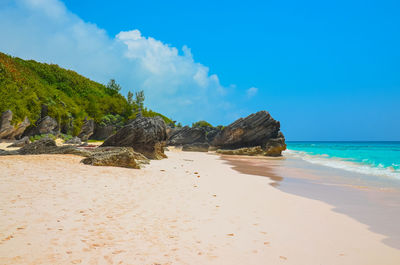 Scenic view of beach against blue sky