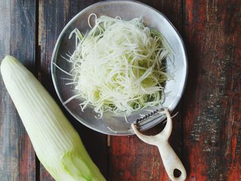 High angle view of noodles in bowl on table