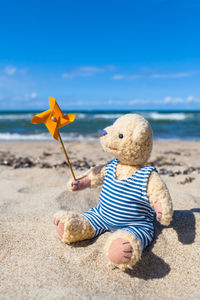 Stuffed toy on beach against sky