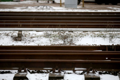 Train on railroad tracks during winter