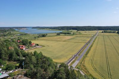 High angle view of agricultural field against clear sky