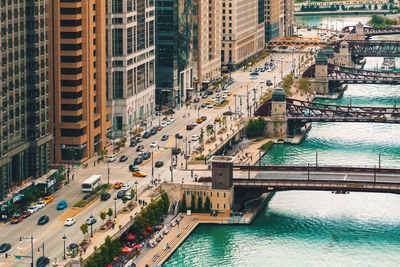 High angle view of street amidst buildings in city