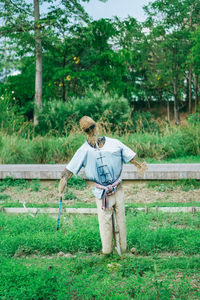 Rear view of woman with umbrella walking on grassland