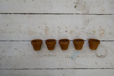 Close-up of objects against white wall