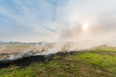 Smoke from burnt field against sky