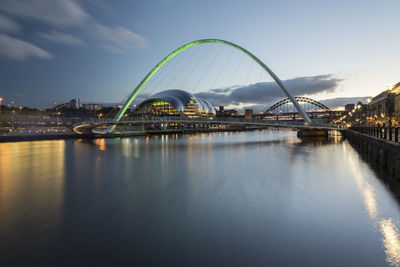 Bridge over river with city in background