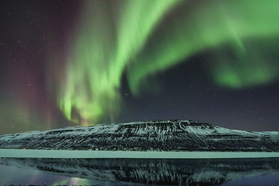 Scenic view of snowcapped mountains against sky at night