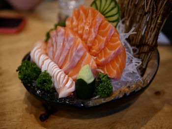 Close-up of sushi served on table