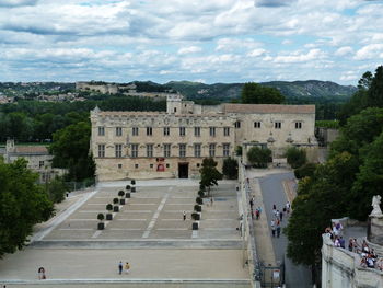 High angle view of people at town square