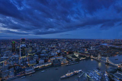 High angle view of city buildings at dusk